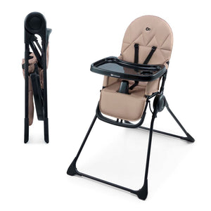 Silla de comer bebé Kinderkraft BINCI beige vista desplegada y plegada, tamaño compacto en un solo movimiento