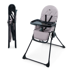 Silla de comer bebé Kinderkraft BINCI gris vista desplegada y plegada, tamaño compacto en un solo movimiento