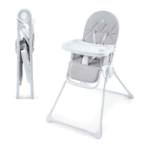 Silla de comer bebé Kinderkraft BINCI gris claro vista desplegada y plegada, tamaño compacto en un solo movimiento