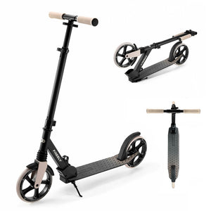 Scooter plegable Kinderkraft FREELY beige visto desde tres ángulos: lateral desplegado, plegado y vista superior, estructura negra con ruedas PU de 20 cm