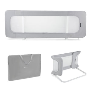 Barrera de cama bebé Kinderkraft GUARD & DREAM gris en tres estados: desplegada, plegada y en bolsa de transporte incluida, ideal para viaje