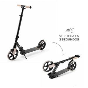 Scooter plegable Kinderkraft FREELY beige desplegado y plegado, mecanismo de plegado rápido en 2 segundos, fácil de transportar y guardar