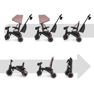 Triciclo evolutivo Kinderkraft JAZZ 3 rosa con 6 modos de uso, desde los 9 meses hasta los 5 años, transformable en bicicleta de equilibrio.