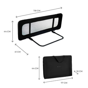 Barrera de cama Kinderkraft GUARD & DREAM negra con medidas: 118x44x41 cm desplegada. Bolsa de transporte incluida 77x44x10 cm