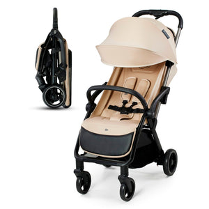 Coche Travel System Kinderkraft APINO beige en vista frontal desplegado junto a versión plegada compacta con sistema AUTO FOLDING