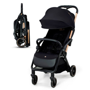 Coche Travel System Kinderkraft APINO negro en vista frontal desplegado junto a versión plegada compacta con sistema AUTO FOLDING