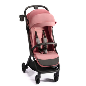 Coche de paseo Kinderkraft NUBI 2 rosa vista frontal con arnés 5 puntos, capota UPF50+, barrera protectora y portavasos incluido