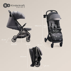 Dimensiones coche de paseo Kinderkraft NUBI 2: desplegado 105,5 cm de alto y 87 cm de largo, plegado 54,5 cm de alto y 31,5 cm de ancho