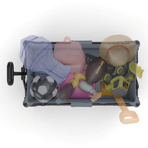 Vista superior del carrito Kinderkraft ROLLSTER cargado con juguetes, pelotas y accesorios, mostrando su gran capacidad de 130 litros y 100 kg