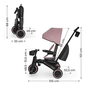 Medidas del triciclo evolutivo Kinderkraft JAZZ 3 rosa 6 en 1 en modo bicicleta de equilibrio plegado, y en modo triciclo. Vista lateral.