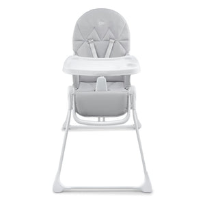 Vista frontal silla de comer bebé Kinderkraft BINCI gris claro con bandeja con portavasos y arnés de seguridad de 5 puntos