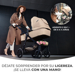 Coche Travel System Kinderkraft NEWLY 3 en 1 sand beige en modo moisés con ruedas grandes antipinchazos y amortiguación para terrenos irregulares