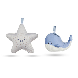 Juguetes sensoriales incluidos hamaca Kinderkraft MIMI: peluche estrella de mar blanco y ballena azul con clip para arco desmontable
