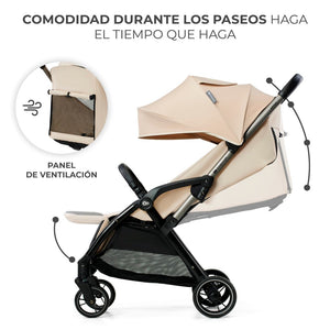 Coche de paseo Kinderkraft APINO beige con capota grande extensible y panel de ventilación trasero para paseos cómodos en cualquier clima