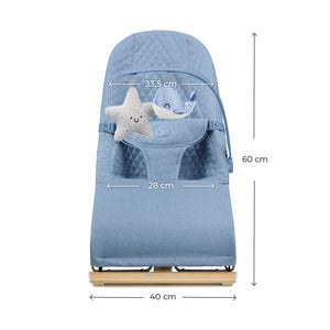 Hamaca bebé Kinderkraft MIMI Nordic Breeze con medidas: 40 cm base, 60 cm alto, asiento 28 cm ancho y arco 33,5 cm, arco con juguetes estrella y ballena incluidos