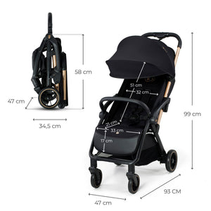 Dimensiones del coche Kinderkraft APINO: desplegado 99 cm de alto y 93 cm de largo, plegado 58 cm de alto y 34,5 cm de ancho