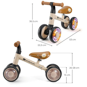 Triciclo correpasillos Kinderkraft CUTIE FLASH beige con ruedas con rodamiento ABEC-7 y luces LED RGB, sillín acolchado ajustable. Andador con estructura de acero estable. Vistas con medidas.
