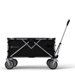 Carrito de transporte Kinderkraft ROLLSTER negro vista lateral con asa telescópica ajustable en altura, bolsillo de malla y ruedas 360°