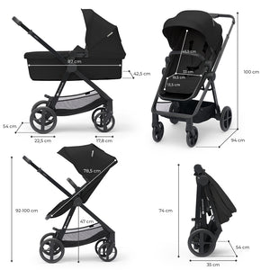 Dimensiones del coche Kinderkraft NEWLY 3 en 1 en modo moisés, silla, reclinado y plegado: alto 100 cm, largo 94 cm, plegado 74 cm