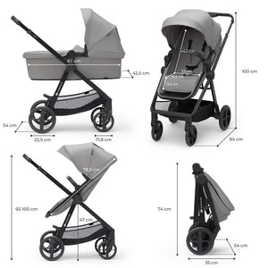 Dimensiones del coche Kinderkraft NEWLY 3 en 1 en modo moisés, silla, reclinado y plegado: alto 100 cm, largo 94 cm, plegado 74 cm