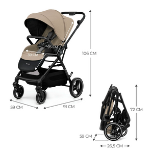 Coche Travel system Kinderkraft YOXI beige con medidas: 91x59x107 cm desplegado y 31x59x72 cm plegado, ruedas antipinchazos delanteras giratorias 360°