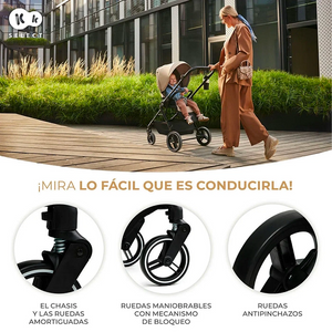 Coche Travel System Kinderkraft YOXI beige en ciudad, chasis amortiguado, ruedas antipinchazos maniobrabless con mecanismo de bloqueo y ruedas delanteras giratorias 360°