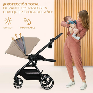 Coche Travel System Kinderkraft YOXI beige con capota impermeable SPF50+ y panel de ventilación, protección total contra sol y lluvia en cualquier época del año