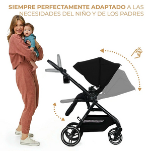 Coche Travel System Kinderkraft YOXI negro con respaldo regulable en 4 niveles hasta posición tumbada, adaptable a las necesidades del bebé y los padres