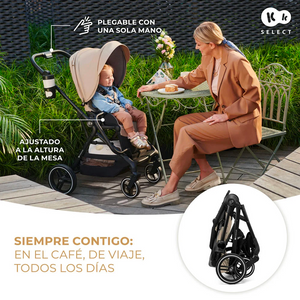Coche de paseo Kinderkraft YOXI beige plegable con una sola mano, manillar ajustable a altura de mesa, ideal para ciudad, viaje y uso diario con portavasos incluido