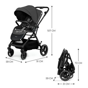 Coche de paseo Kinderkraft YOXI gris con medidas: 91x59x107 cm desplegado y 31x59x72 cm plegado, ruedas antipinchazos delanteras giratorias 360°