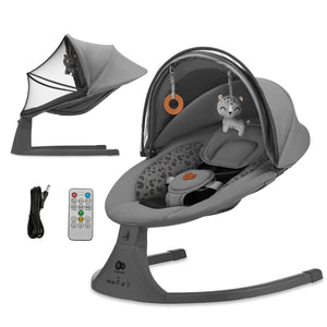 Mecedora eléctrica Kinderkraft LUMI 2 gris oscuro con todos los accesorios incluidos: mosquitera, mando a distancia y cable de alimentación