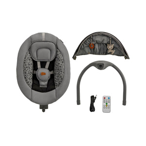Vista superior mecedora bebé Kinderkraft LUMI 2 gris oscuro desmontada, asiento con arnés de 5 puntos, capota con juguetes, arco, cable y mando a distancia incluidos
