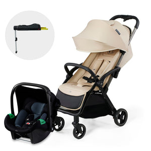 Travel system Kinderkraft APINO beige con silla nido MINK PRO i-Size y base ISOFIX MINK FX incluida, set completo para recién nacido