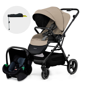 Travel system Kinderkraft YOXI beige con silla nido Mink Pro y base ISOFIX incluidos, adaptadores para silla de auto compatibles, todo en un solo sistema desde recién nacido