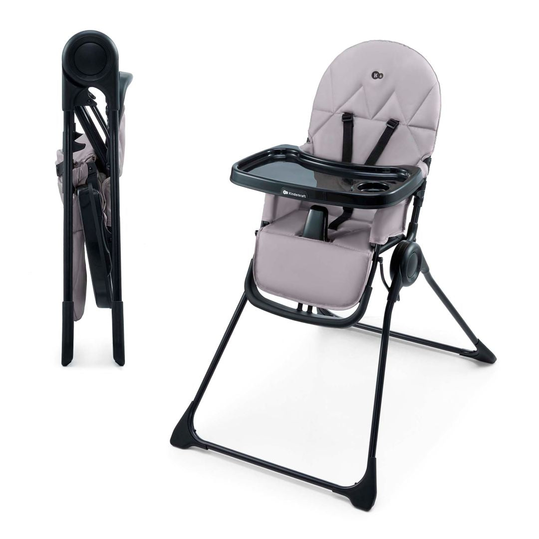 Silla de comer compacta Kinderkraft BINCI gris con bandeja ajustable, portavasos y arnés de 5 puntos