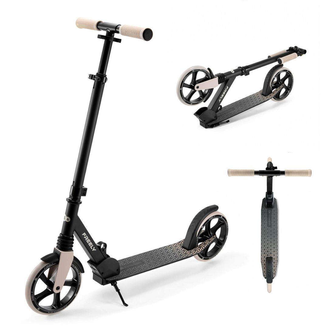 Scooter plegable Kinderkraft FREELY beige visto desde tres ángulos: lateral desplegado, plegado y vista superior, estructura negra con ruedas PU de 20 cm