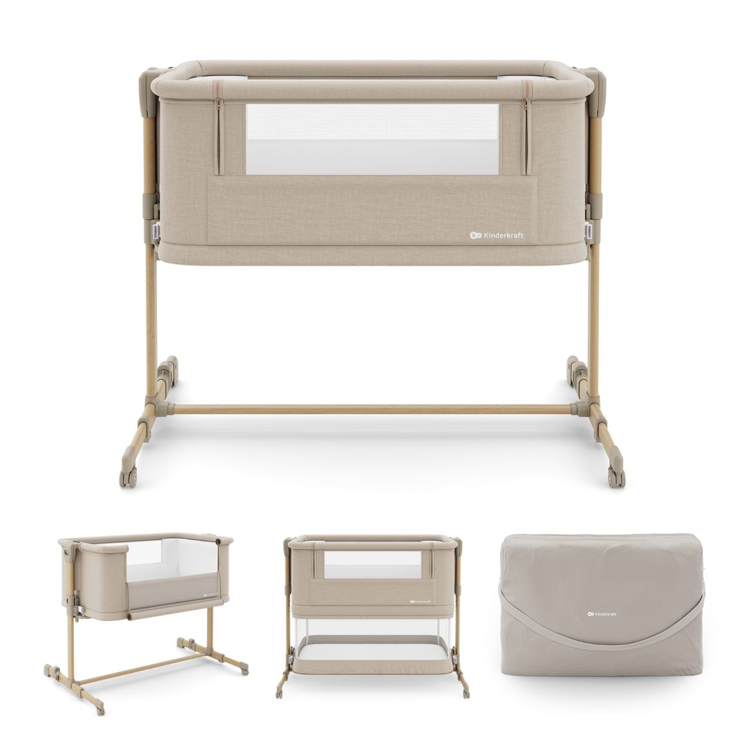 Cuna 3 en 1 NESTE GROW 2 de Kinderkraft beige: cuna colecho para bebé, cuna y cuna para niños mayores. Ajustable en 5 niveles de altura y 2 de inclinación, plegable y resistente, con 2 ruedas con bloqueo. De RN a 2 años. Diferentes vistas.