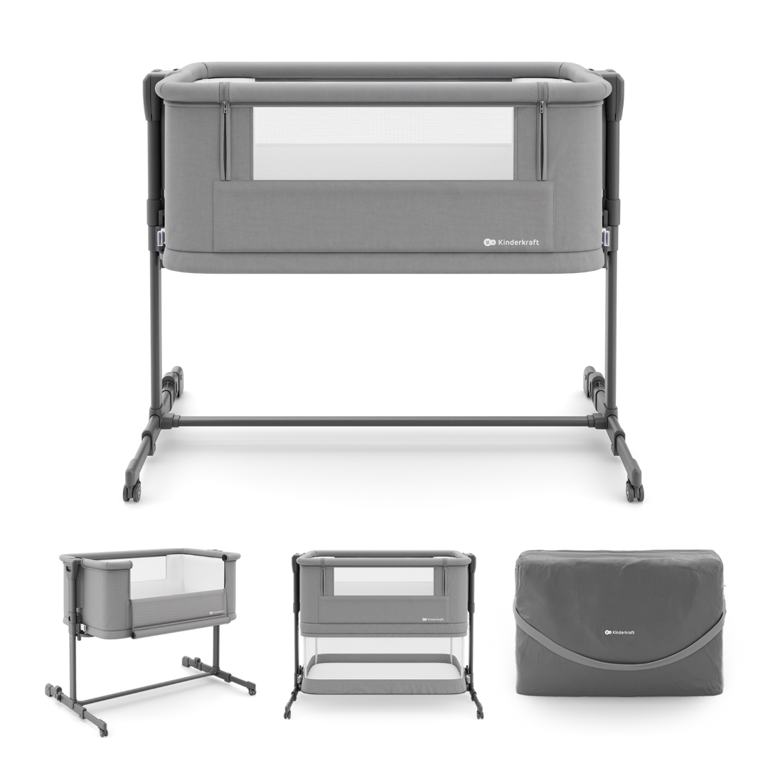 Cuna 3 en 1 NESTE GROW 2 de Kinderkraft gris: cuna colecho para bebé, cuna y cuna para niños mayores. Ajustable en 5 niveles de altura y 2 de inclinación, plegable y resistente, con 2 ruedas con bloqueo. De RN a 2 años. Diferentes vistas.