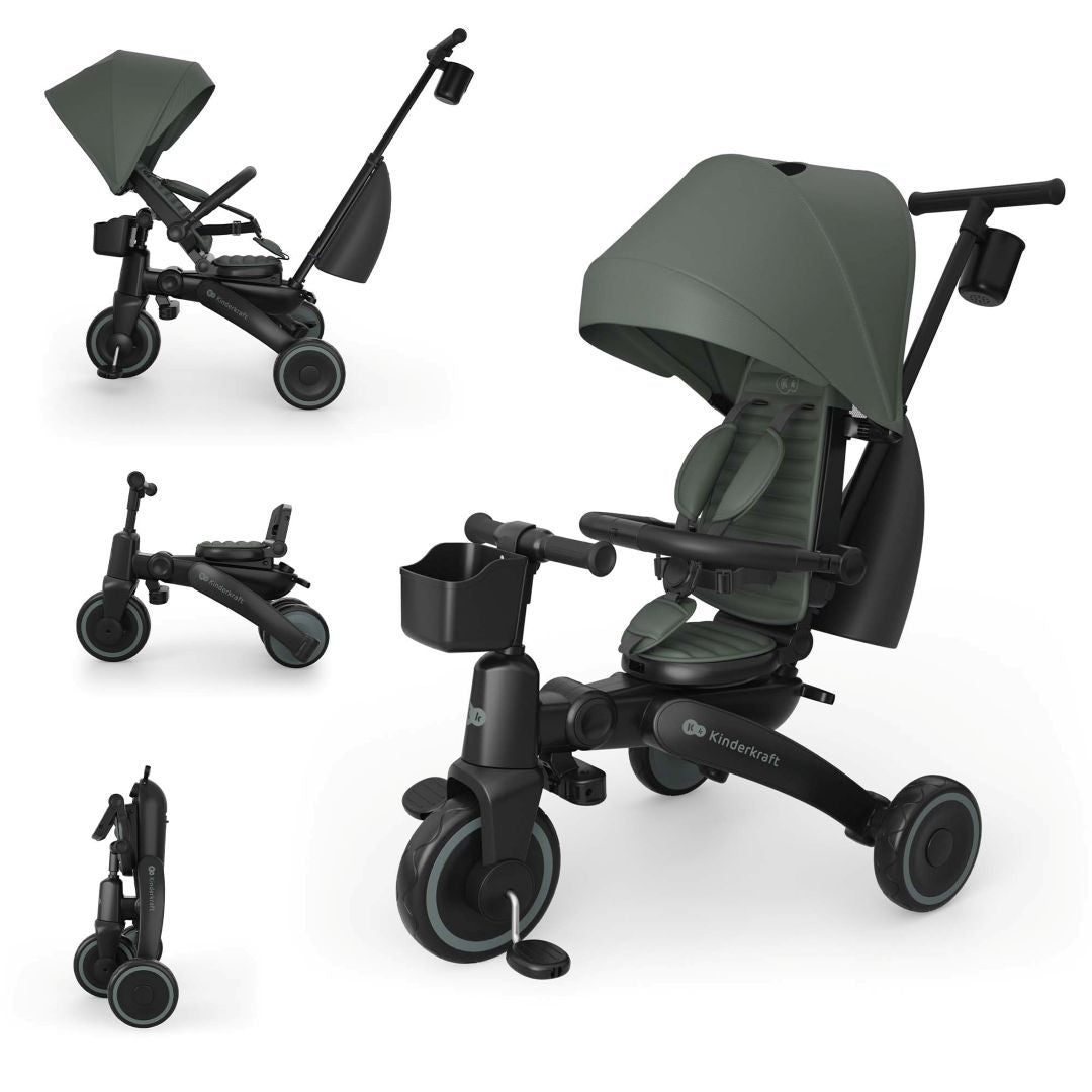 Triciclo evolutivo Kinderkraft JAZZ 3 Verde 6 en 1 con asiento giratorio 360°, capota impermeable UPF50+, mango parental y sistema plegable compacto.