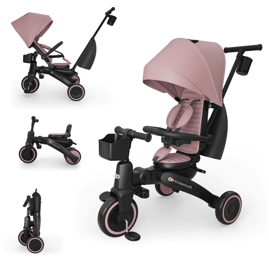 Triciclo evolutivo Kinderkraft JAZZ 3 rosa 6 en 1 con asiento giratorio 360°, capota impermeable UPF50+, mango parental y sistema plegable compacto.