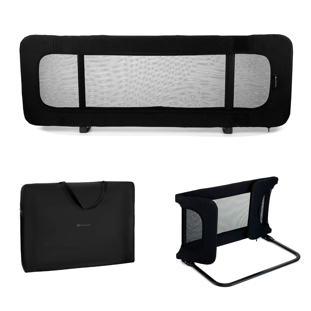 Barrera de cama bebé Kinderkraft GUARD & DREAM negra en tres estados: desplegada, plegada y en bolsa de transporte incluida, ideal para viaje