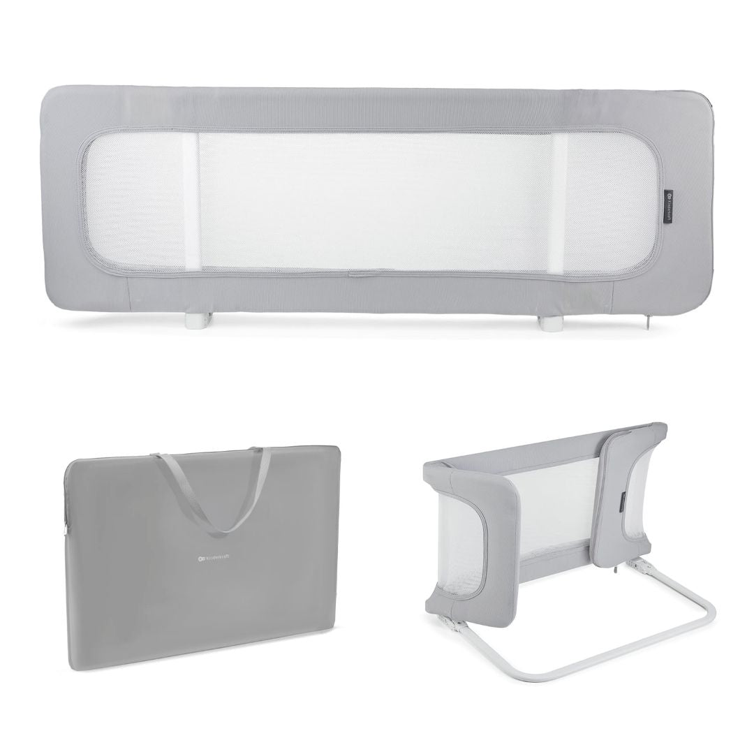 Barrera de cama bebé Kinderkraft GUARD & DREAM gris en tres estados: desplegada, plegada y en bolsa de transporte incluida, ideal para viaje