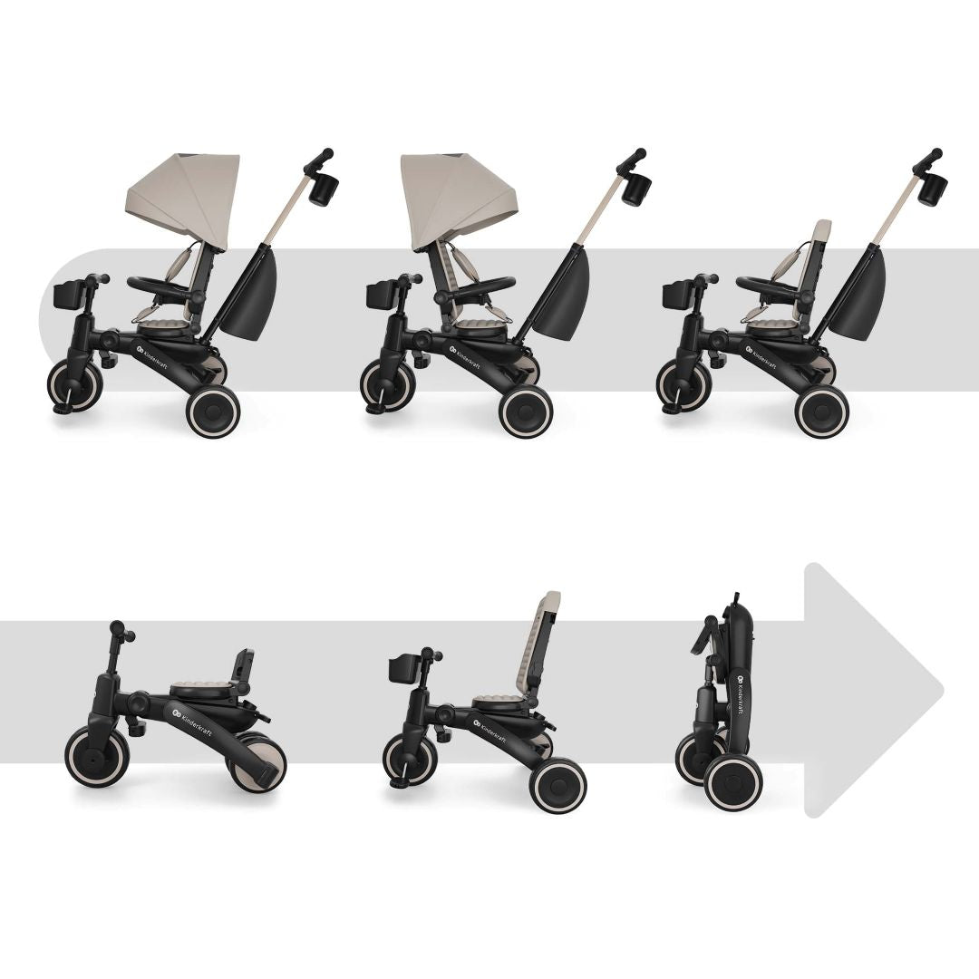 Triciclo evolutivo Kinderkraft JAZZ 3 beige 6 en 1 con asiento giratorio 360°, capota impermeable UPF50+, mango parental y sistema plegable compacto.