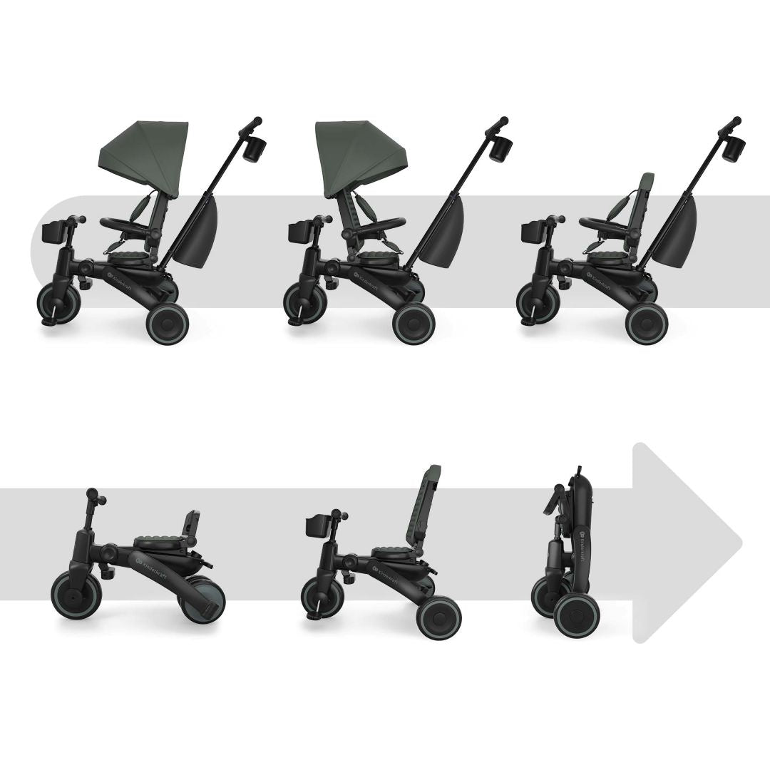 Triciclo evolutivo Kinderkraft JAZZ 3 verde con 6 modos de uso, desde los 9 meses hasta los 5 años, transformable en bicicleta de equilibrio.