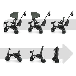 Triciclo evolutivo Kinderkraft JAZZ 3 verde con 6 modos de uso, desde los 9 meses hasta los 5 años, transformable en bicicleta de equilibrio.