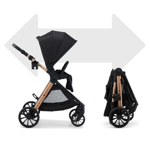 Coche de paseo VESTO 2 de Kinderkraft negra: asiento reversible, plegado compacto con una sola mano, ruedas todo terreno, capota XL. Vista lateral del coche desplegado y plegado.