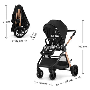 Coche de paseo VESTO 2 de Kinderkraft negra: asiento reversible, plegado compacto con una sola mano, ruedas todo terreno, capota XL. Vista lateral coche desplegado y plegado con medidas.