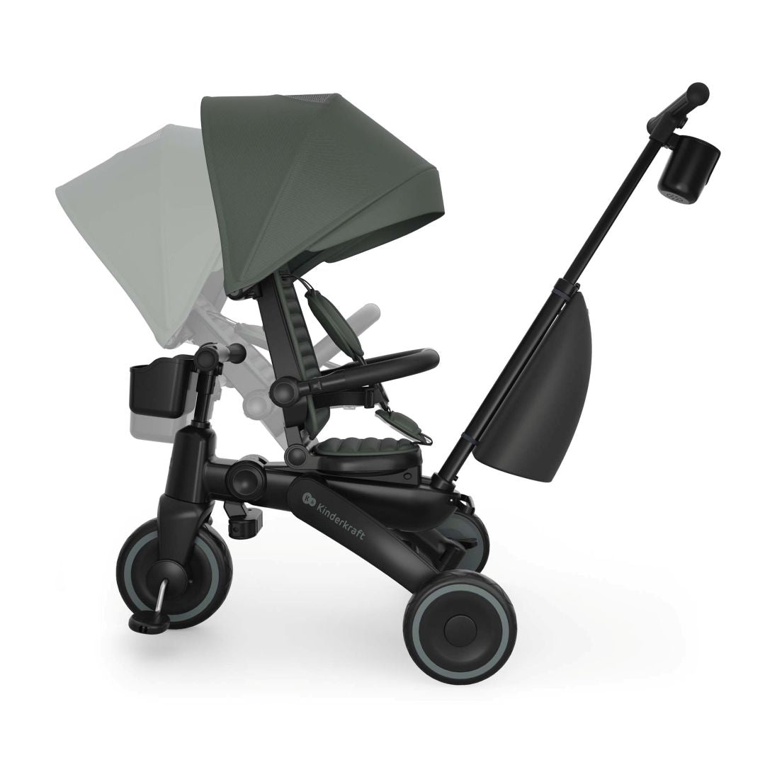 Triciclo evolutivo Kinderkraft JAZZ 3 verde 6 en 1 con asiento giratorio 360° en modo marcha atrás, asiento reclinable.