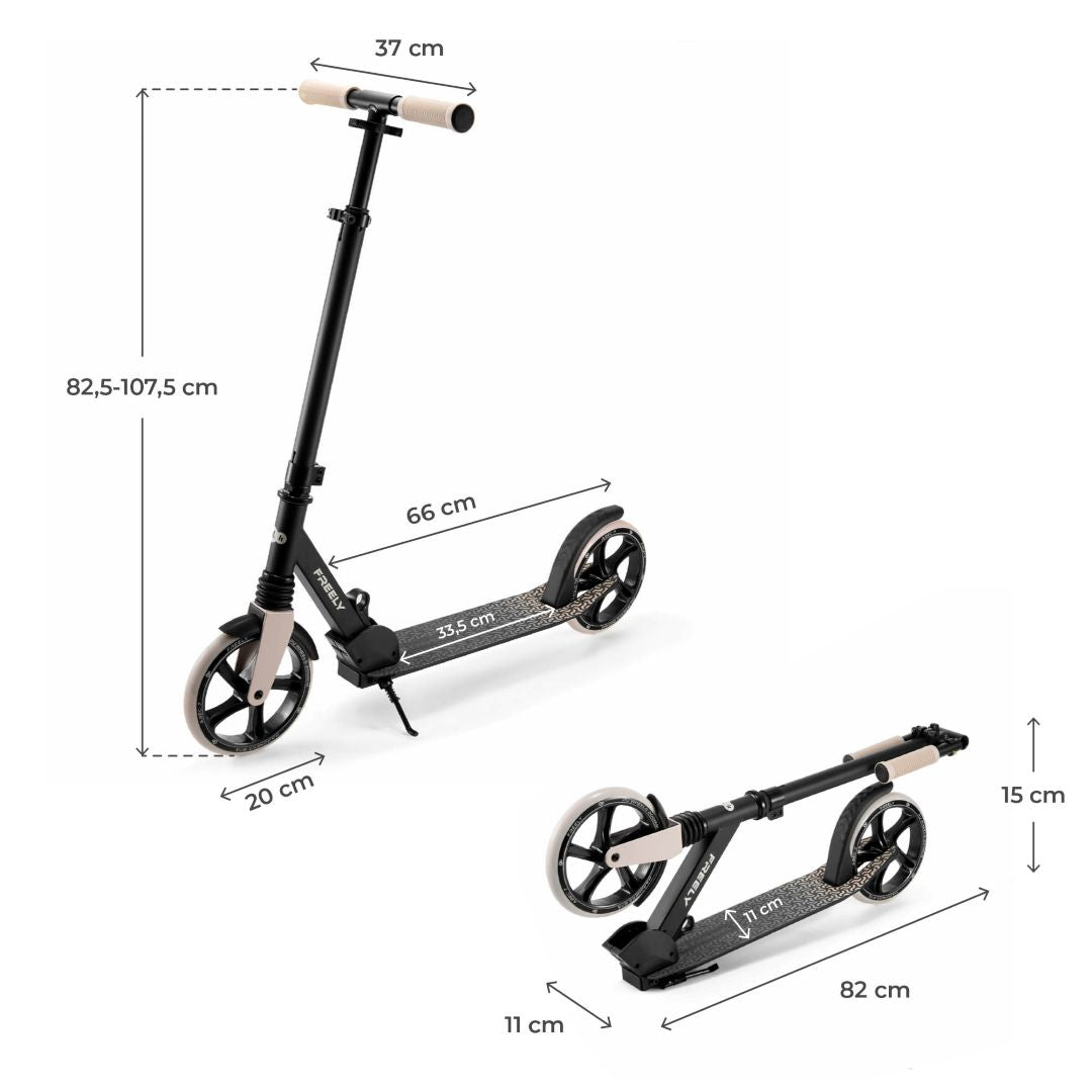 Scooter plegable Kinderkraft FREELY beige con medidas técnicas: manillar 37 cm, altura 82,5–107,5 cm, ruedas PU 20 cm, tamaño plegado 82x15 cm