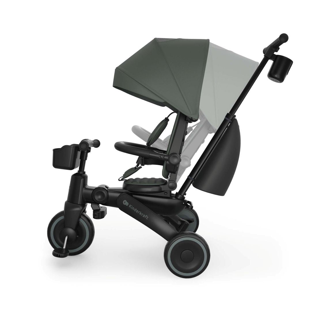 Triciclo evolutivo Kinderkraft JAZZ 3 verde 6 en 1 con asiento giratorio 360° en modo marcha adelante, asiento reclinable.